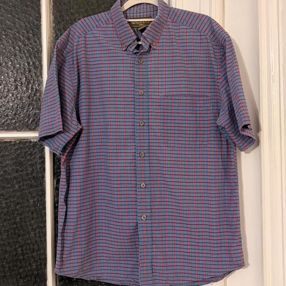 Vintage Galyan's Short Sleeve Plaid Chambray Button-Down Shirt